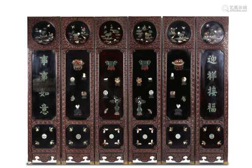 A jade and hardstone inlaid lacquer six panel screen