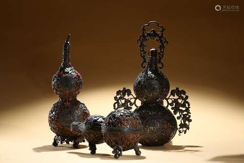 A set of three silver gems-inlaid double gourd vessels