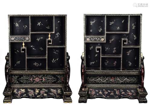 A pair of gilt-painted black lacquer table screen cabinets