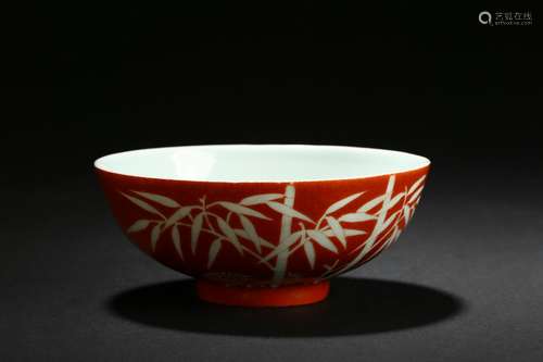 A coral-ground reserve decorated 'bamboo' bowl