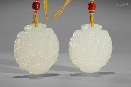 A pair of white jade 'four plants' plaques