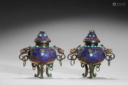 A pair of silver enamelled gems inlaid censers