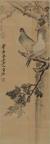 Qi Baishi: Color and ink on paper 'pigeons' painting