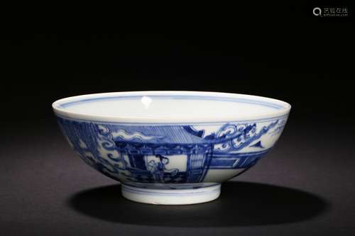 A large blue and white 'court ladies' bowl