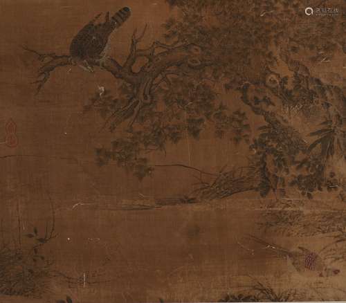 Anonymous: color and ink on silk 'birds on landscape' painting