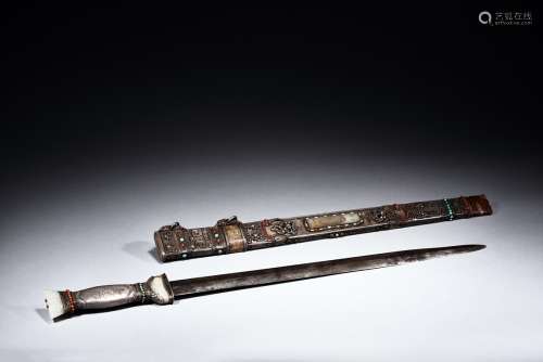 A Mongolian silver and gems inlaid sword