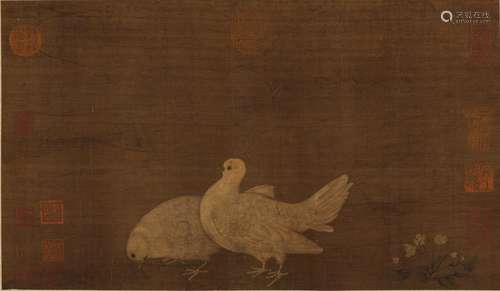 Anonymous: color and ink on silk 'Pigeons' painting