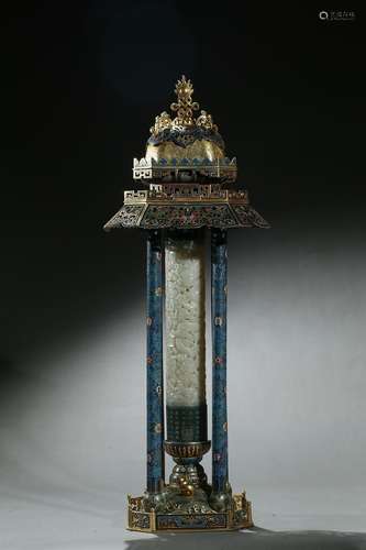 A cloisonne enamel and white jade pagoda