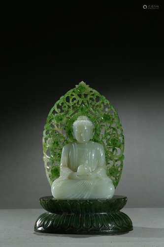 A white jade Amitabha w/ spinach green jade back splat