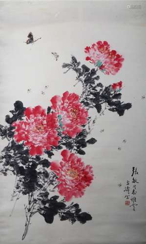 Wang Xuetao: color and ink on paper 'peonies' painting