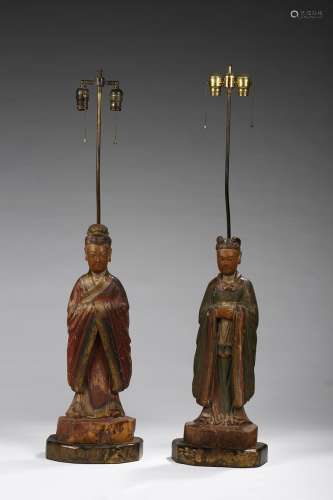 A pair of painted wood Taoist figures