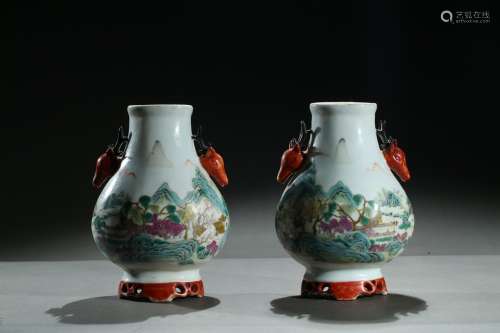 A pair of famille rose landscape deer-handle vases