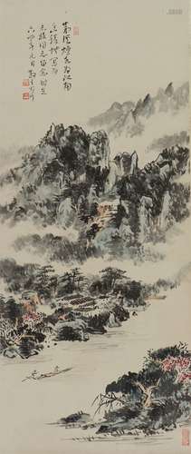 Lin Sanzhi: color and ink on paper 'riverscape' painting