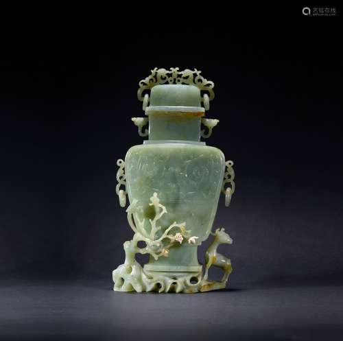 A spinach green  jade or jadeite 'deer and plum'  vase