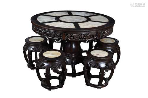 A Set Of Rosewood Circular Table And Stools Inset With Marbles