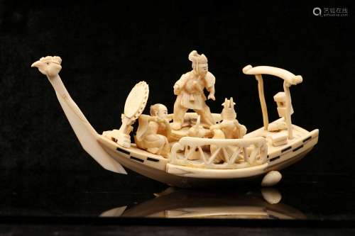 象牙雕置物、船 明治时代