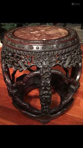 ANTIQUE Large Chinese Hardwood Carved Stand with Marble top, late 19 century, 20 1/2