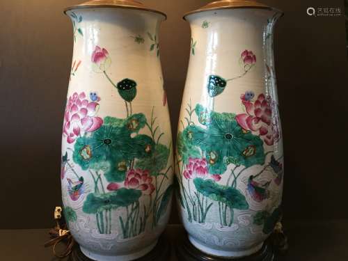 ANTIQUE Chinese Large Famillie Rose flower Vase Lamps, early 19th century. Vase itself 18