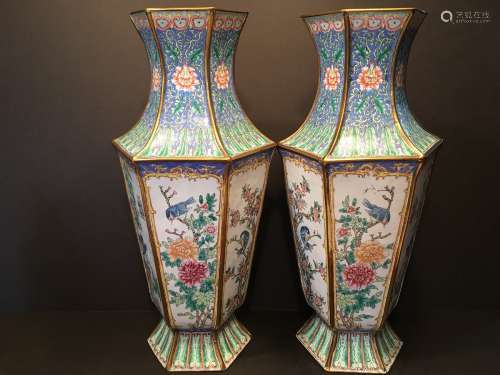 ANTIQUE Huge Pair Chinese Brass Enamel Vases, late 19th Century. 18 1/2