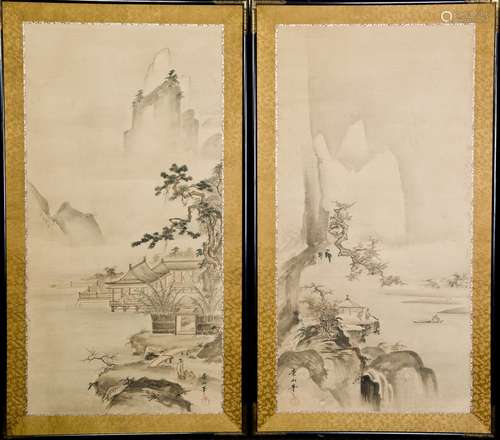 Chinese Landscape Ink & Color on Silk Painting, Framed