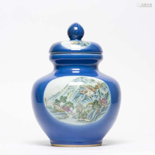 A Chinese Famille Rose Blue Ground Guan Jar and Cover