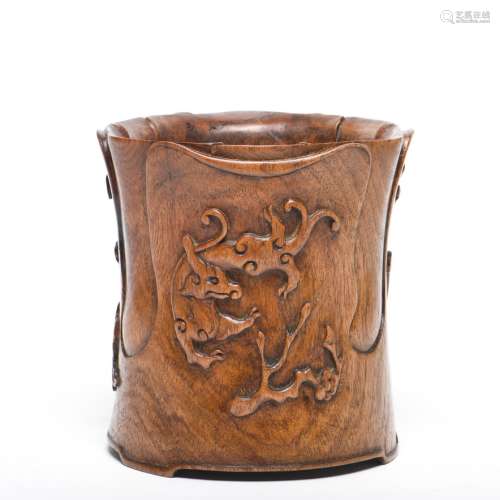A Carved Huanghuali Brush pot
