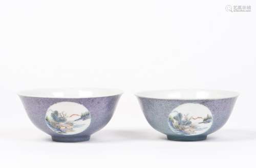 A Pair of Famille Rose Landscape Bowls Jun-Glazed ground