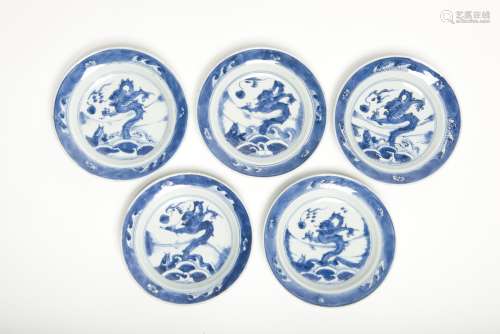 Five pieces of Blue and White Dragon Dishes