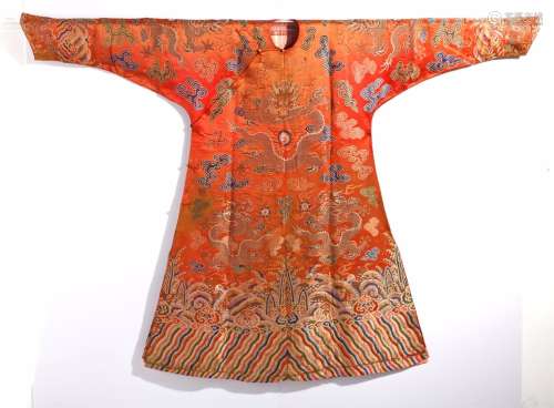 Chinese Red Silk Embroidered Dragon Robe