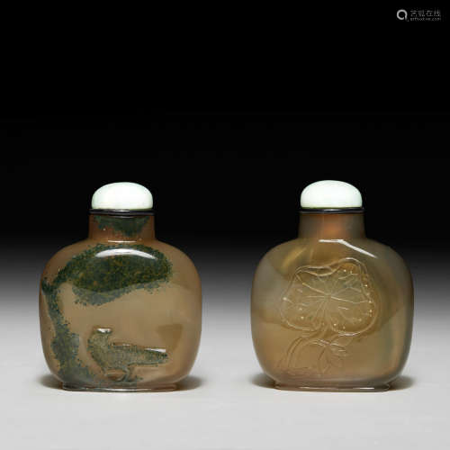1750-1860年 苔纹玛瑙鸟树莲花纹鼻烟壶