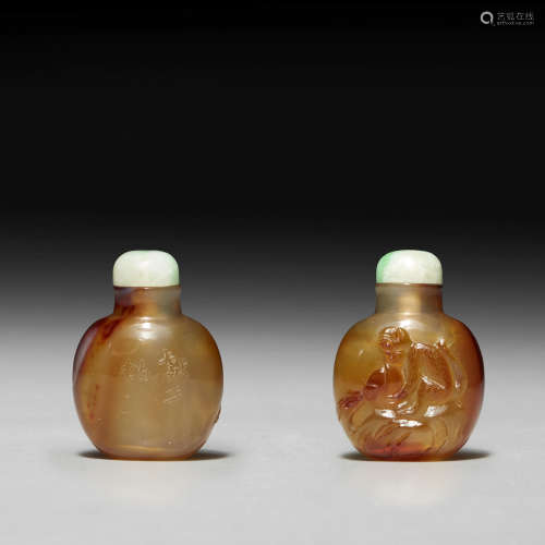 1760-1860年 芝亭作玛瑙「献寿桃」纹鼻烟壶