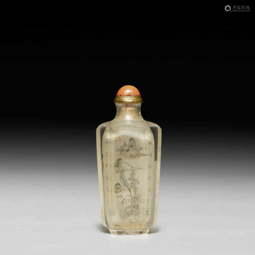 活跃于1825-1835年 甘烜文作水晶内画山水花鸟纹鼻烟壶