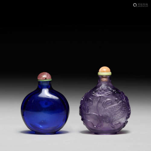 1750-1800年 蓝料鼻烟壶 及 1750-1850年 紫料连年有余纹鼻烟壶