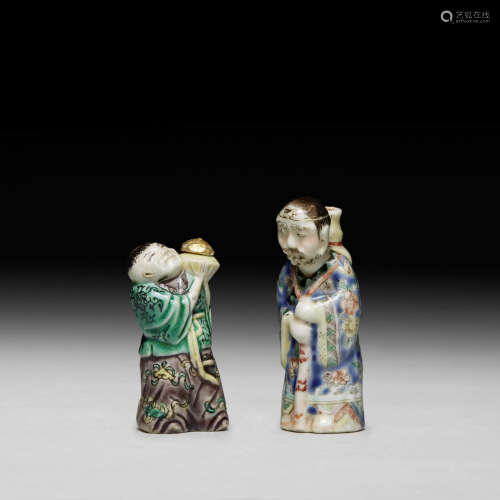 1796-1850年 五彩模印李铁拐式鼻烟壶 及 十九世纪末 五彩模印童子抱瓶式鼻烟壶