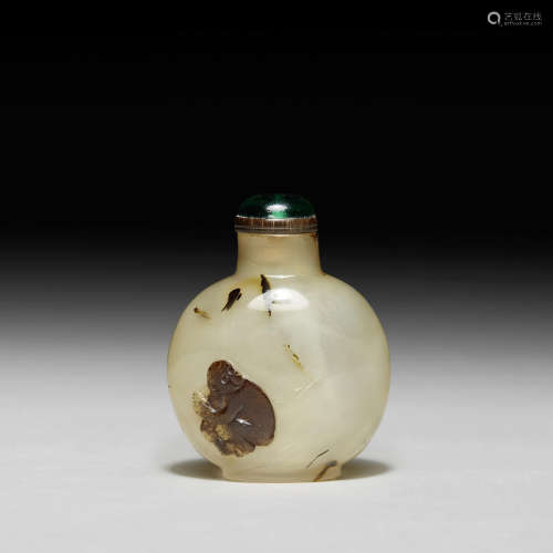1740-1820年 苏州作玛瑙巧雕灵候献寿纹鼻烟壶