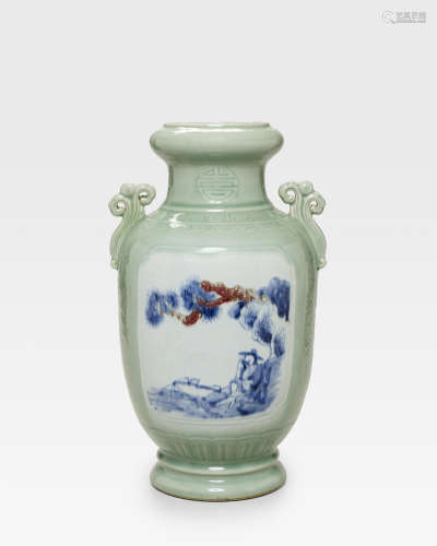 十八世纪 豆青青花釉里红渔乐图瓶
