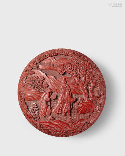 十九世纪 剔红雕王羲之书扇图圆盖盒