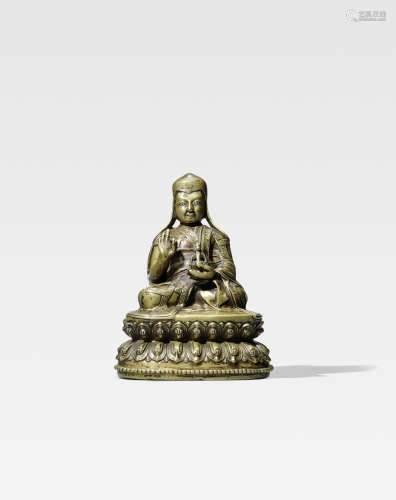 西藏 十五/十六世纪 错银错红铜阿旺札巴铜像