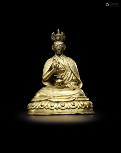 西藏 十七世纪 铜鎏金五世夏玛巴昆秋叶拉像