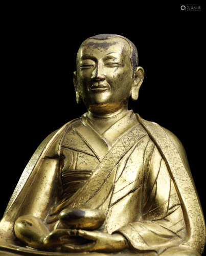 西藏 十五/十六世纪 铜鎏金冈波巴像