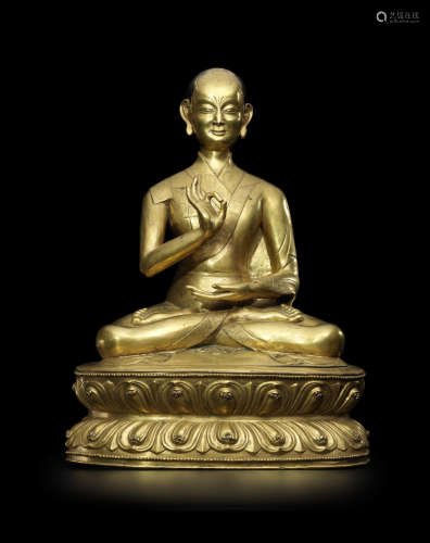 西藏 十七世纪 铜鎏金喇嘛像