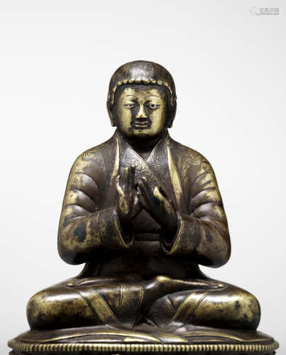 西藏 十五/十六世纪 铜错银索南泽莫像