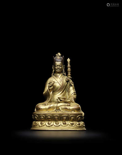 西藏 十五世纪 铜鎏金莲花生大士像