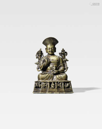 西藏 十五世纪 铜错银拉尊曲杰像
