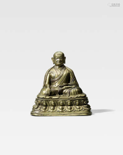 西藏 十四世纪 错银错红铜一世贡噶喇嘛札巴贝铜像