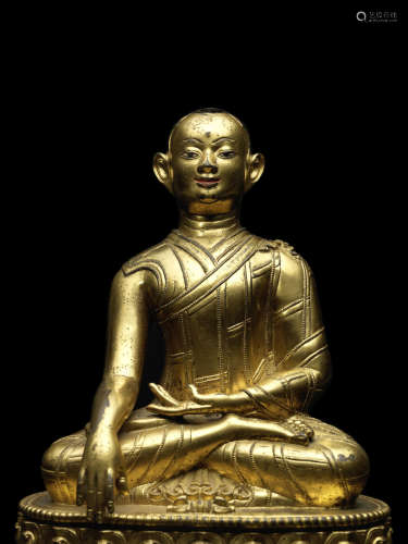 西藏 十三世纪 铜鎏金吉天颂恭仁钦贝像