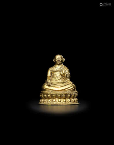 西藏 约1600年 铜鎏金贡噶敦珠像