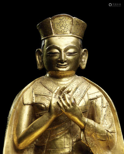 西藏 十六世纪 铜鎏金杰登旺朱像
