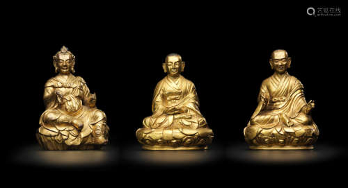 西藏 十八世纪 铜鎏金尊者像三尊