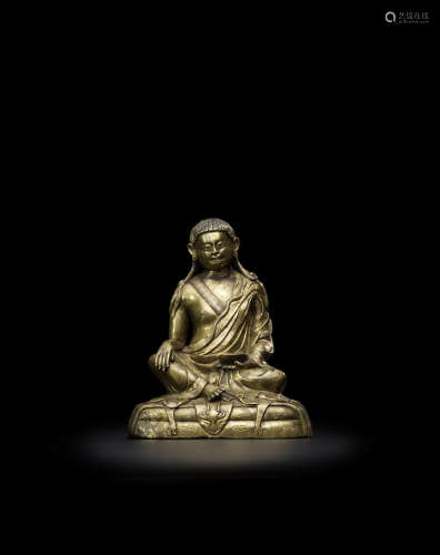 西藏 十八世纪 错银错红铜密勒日巴铜像